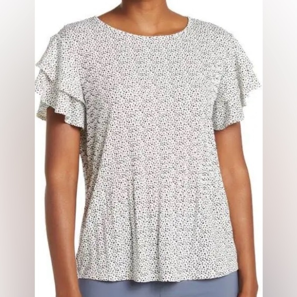 Adrianna Papell Pleated Knit Ruffle Sleeve White Top with Micro Dot Pattern